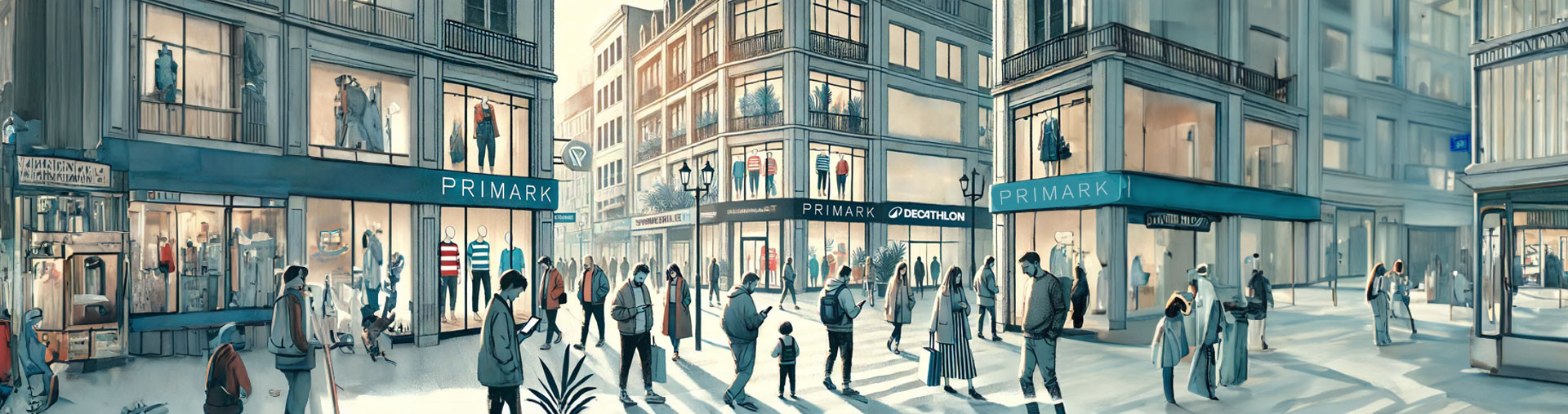 Illustration axée sur le concept de « non-visiteurs » des magasins de proximité en France. Représentation d'une zone urbaine animée avec des magasins défraîchis, presque invisibles.