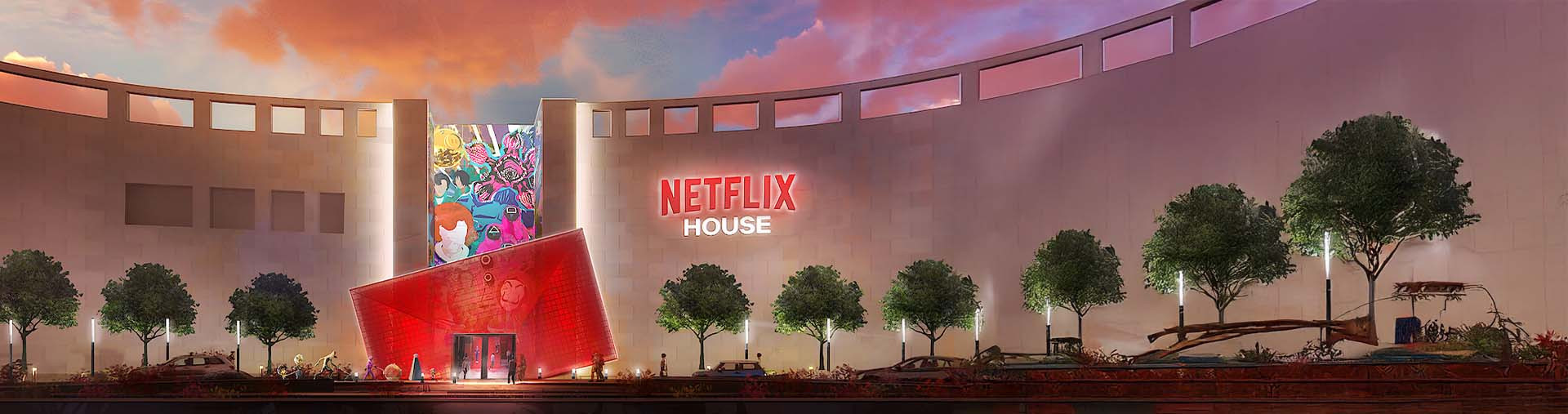 Illustration d'un bâtiment moderne nommé 'Netflix House', avec une façade lumineuse et artistique, un panneau Netflix visible, entouré de végétation et illuminé par un ciel coloré au coucher du soleil."