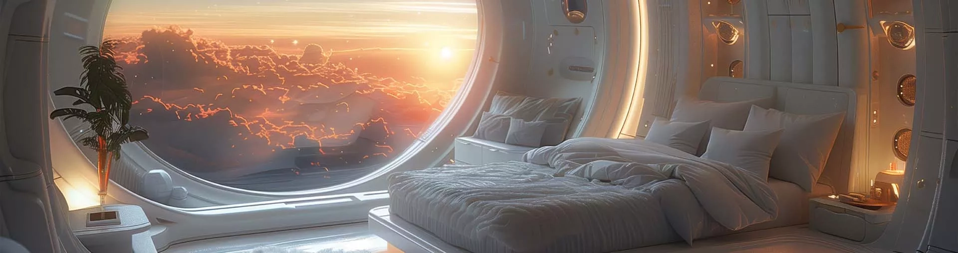 Une chambre à coucher futuriste dans un hôtel spatial en orbite autour de la Terre, avec une grande fenêtre offrant une vue sur les nuages et un coucher de soleil sur la planète.