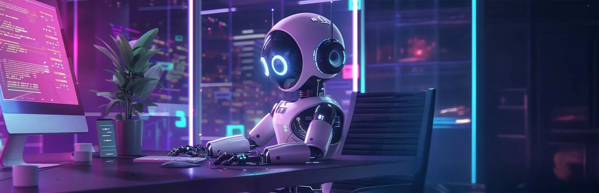 Un robot humanoïde futuriste assis à un bureau dans un environnement high-tech, éclairé par des lumières néon violettes et bleues. Le robot, doté d’un design élégant avec des yeux lumineux circulaires, semble interagir avec un ordinateur.