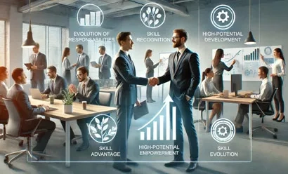 Un bureau d'entreprise moderne où des employés engagés et à fort potentiel collaborent avec enthousiasme. 