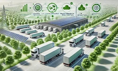 Une flotte de camions logistiques modernes, hybrides et électriques, circulant sur une route bordée d'arbres, symbolisant l'importance de la sécurité. 
