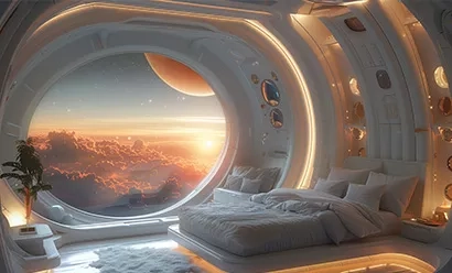 Une chambre à coucher futuriste dans un hôtel spatial en orbite autour de la Terre, avec une grande fenêtre offrant une vue sur les nuages et un coucher de soleil sur la planète. 