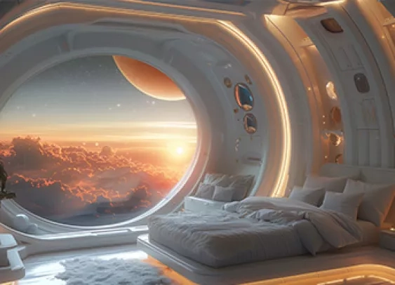 Une chambre à coucher futuriste dans un hôtel spatial en orbite autour de la Terre, avec une grande fenêtre offrant une vue sur les nuages et un coucher de soleil sur la planète. 